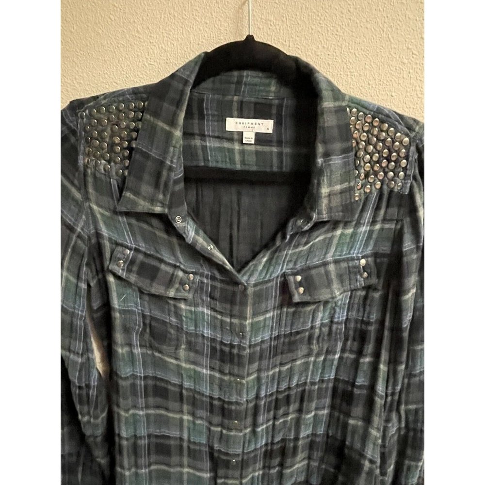 Equipment Plaid Green Snap Button Embellished Stud Blouse Medium